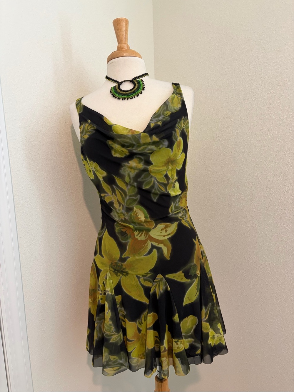 Zara Black Mini Dress with Olive Green Floral Print